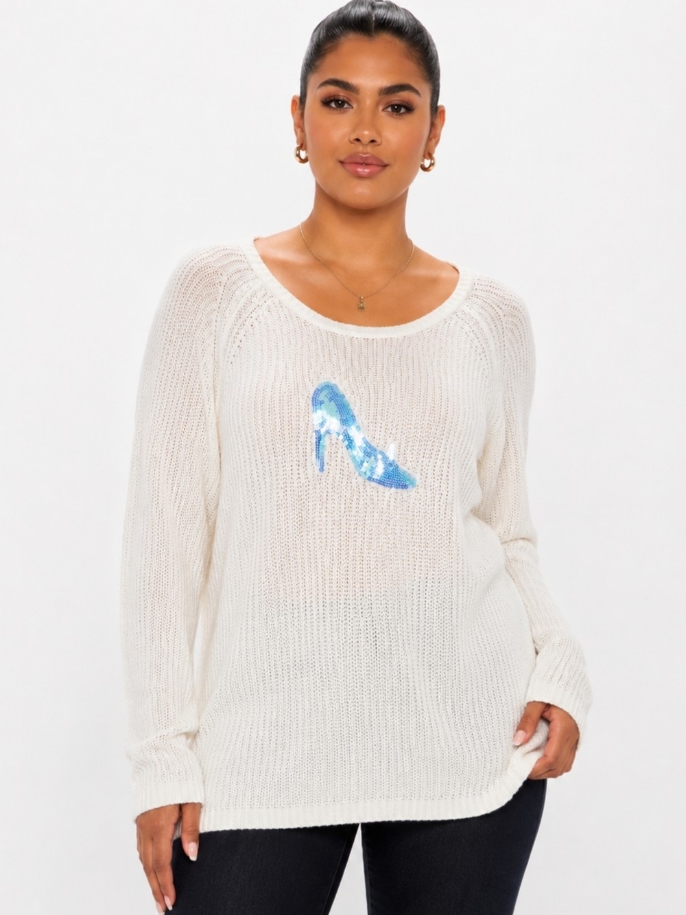 LC Lauren Conrad. Cream Pullover Sweater with Blue Sequin Shoe. Size L Jr.
